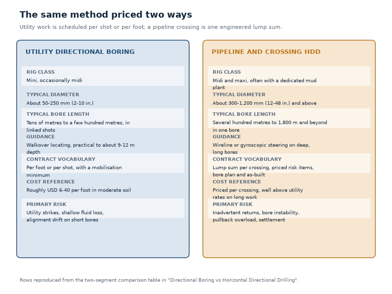 Comparison of utility directional boring and pipeline HDD scope showing typical rig class, diameter, bore length, guidance, contract vocabulary and priced risk items