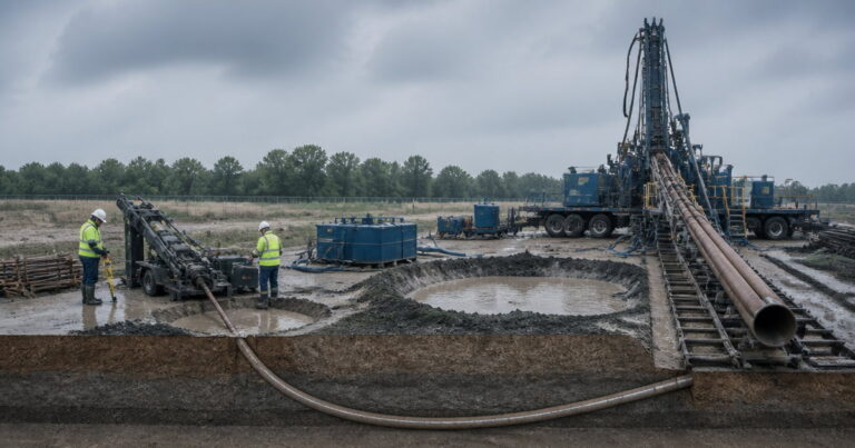 Directional boring and horizontal directional drilling shown as one steerable trenchless method, with a small utility rig beside a large maxi pipeline rig