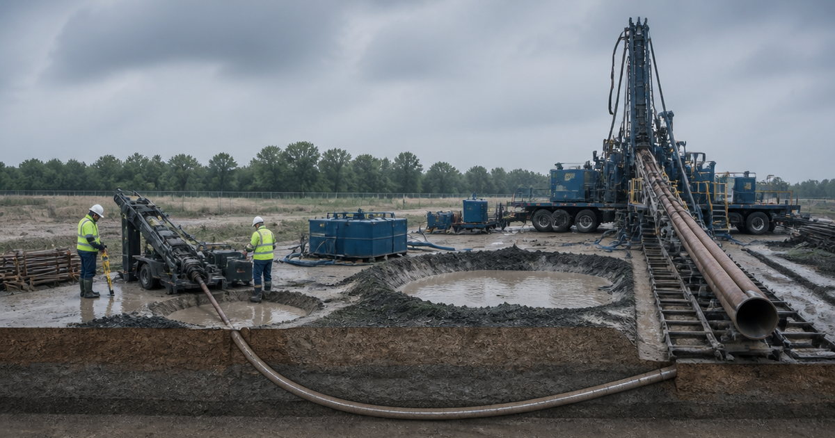 Directional boring and horizontal directional drilling shown as one steerable trenchless method, with a small utility rig beside a large maxi pipeline rig