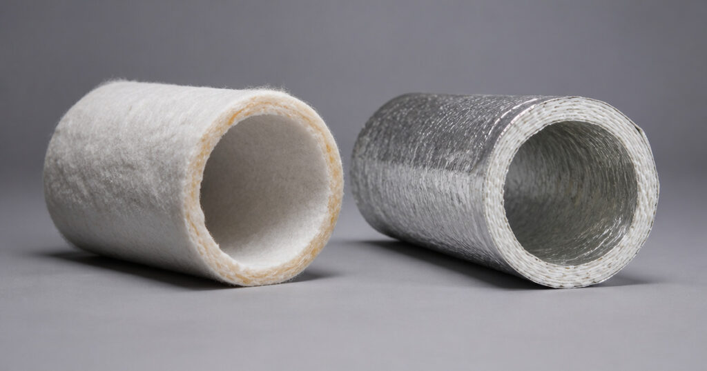 Needle-punched polyester felt CIPP tube beside a glass-fiber reinforced CIPP tube with inner and outer foil