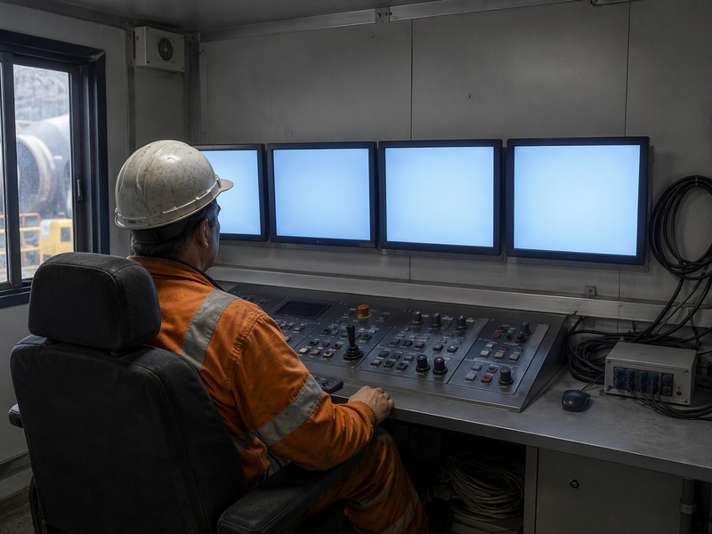 Operator at a microtunneling surface control cabin monitoring guidance, thrust and slurry telemetry