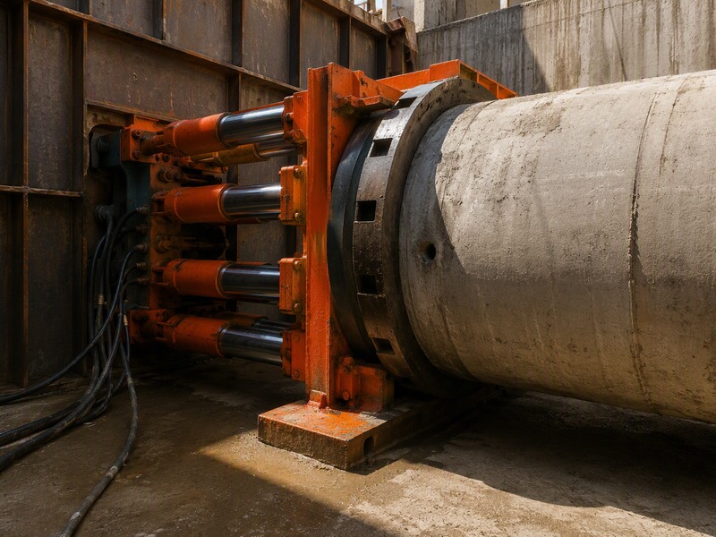 Hydraulic jacking frame and thrust ring pushing a jacking pipe string in a launch shaft