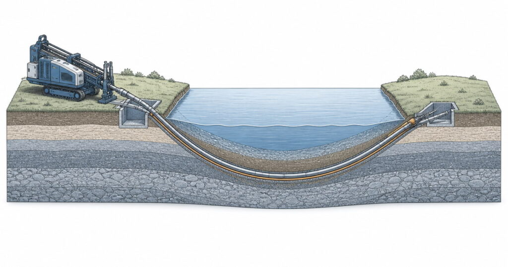 HDD glossary cover illustration showing a horizontal directional drilling rig and a curved bore path under a river