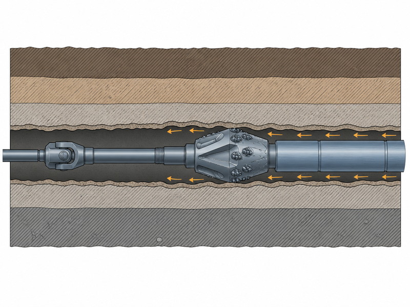 Cross-section diagram of an HDD crossing showing the drill string, reamer, annulus, drilling fluid return and product pipe during pullback