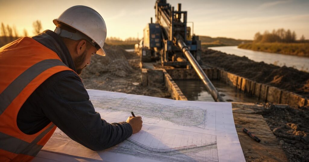 Pipeline engineer preparing an HDD bore plan with plan and profile drawings at a drilling site