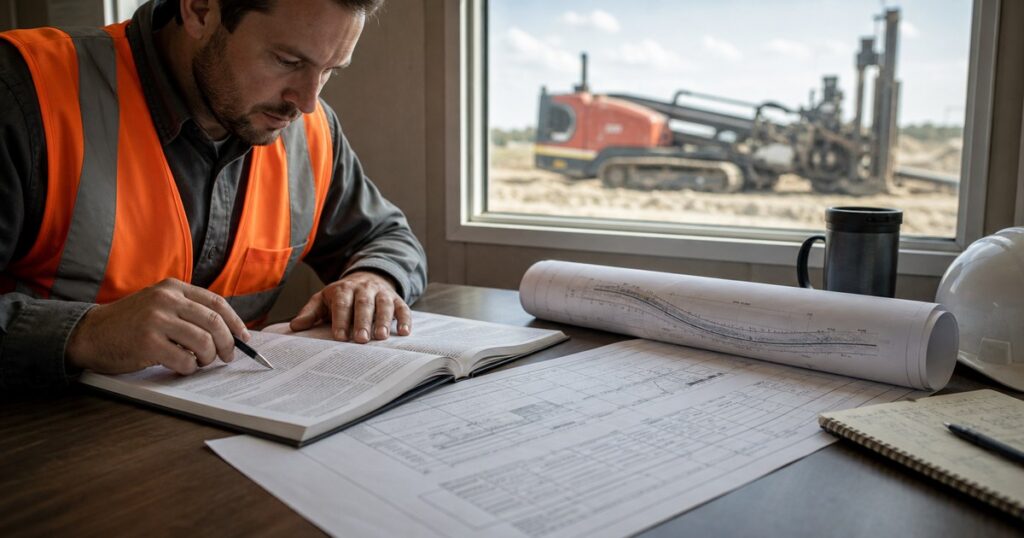 Pipeline engineer comparing HDD design standards and a crossing specification document on a desk