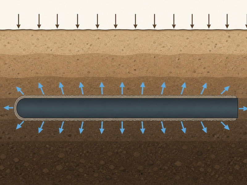 Cross-section showing fluid pressure, filter cake and overburden depth balancing around an HDD borehole