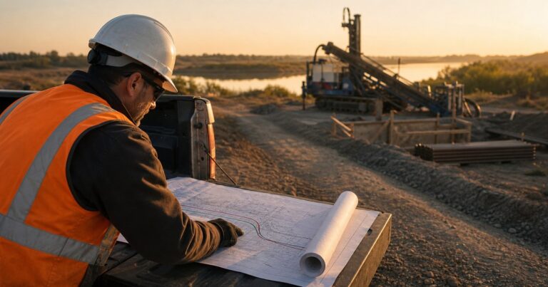 Pipeline engineer reviewing an HDD crossing feasibility plan and bore profile during pre-construction design