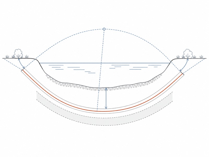 HDD crossing plan and profile showing entry angle, exit angle, setback, depth of cover under a river and bend radius