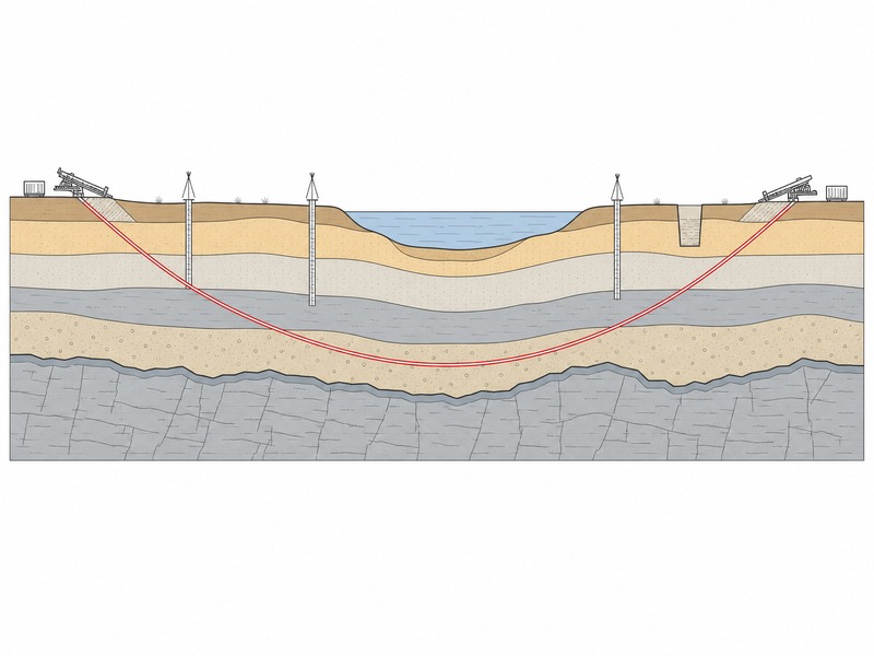 Geotechnical characterisation profile along an HDD alignment showing boreholes, test pits, stratum boundaries, rock head and the proposed bore path