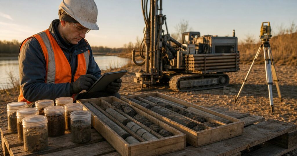 Geotechnical drilling rig and engineer logging borehole samples at an HDD crossing site before design