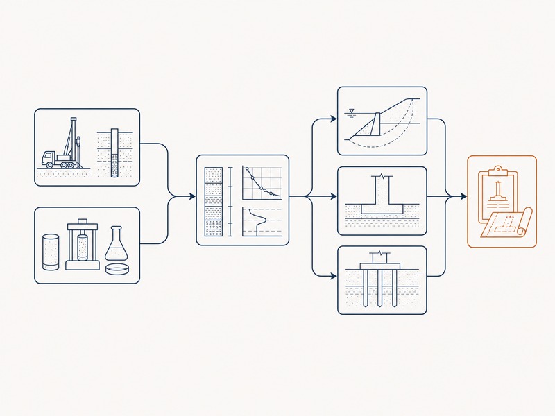 Investigation deliverables flow from field investigation and laboratory testing through interpretation to drillability, fluid loss and settlement assessments