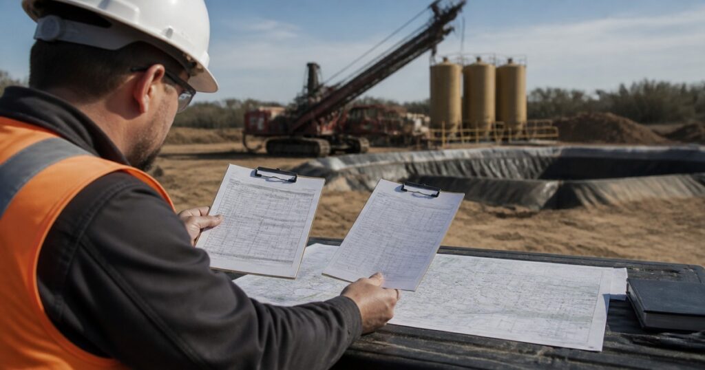 Pipeline engineer marking up a specification that references NASTT and DCA HDD good practice guidance on site