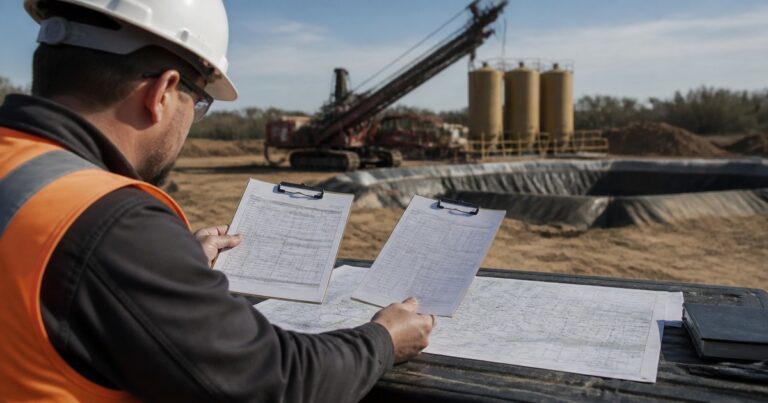 Pipeline engineer marking up a specification that references NASTT and DCA HDD good practice guidance on site