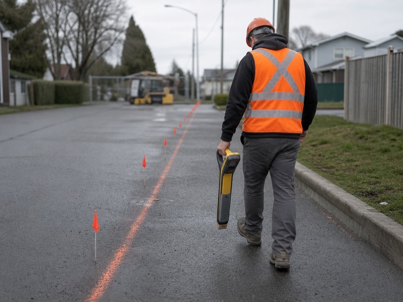 Technician carrying a hand-held walkover locator along the centerline of a shallow HDD utility bore