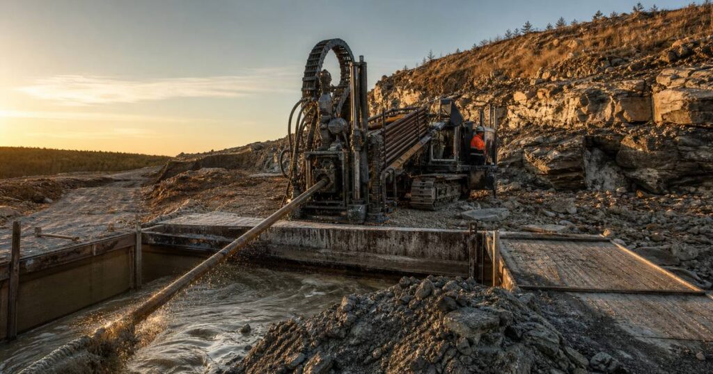 Horizontal directional drilling rig drilling a pilot hole in rock at a pipeline crossing site