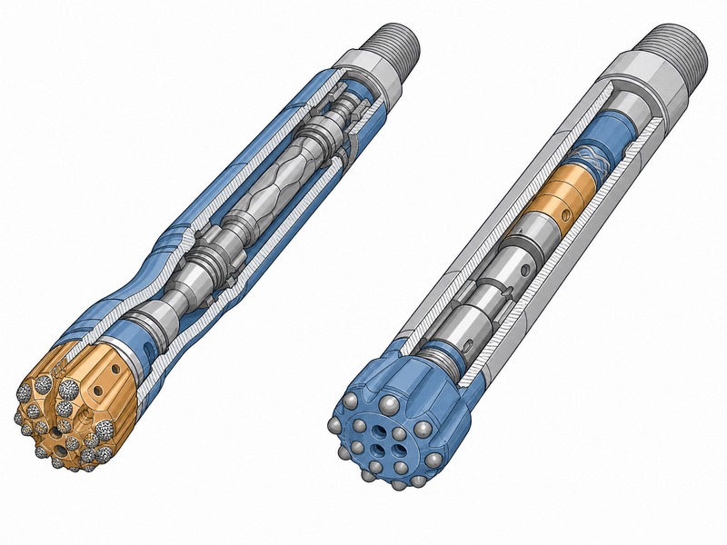 Pilot-hole tooling for a rock crossing showing a mud motor assembly with a PDC bit and a down-the-hole hammer with a carbide button bit