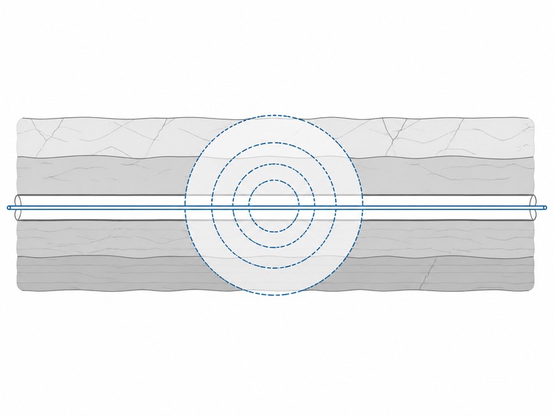 Staged reaming sequence for an HDD rock bore showing pilot hole, intermediate reaming passes and final backream with the product pipe