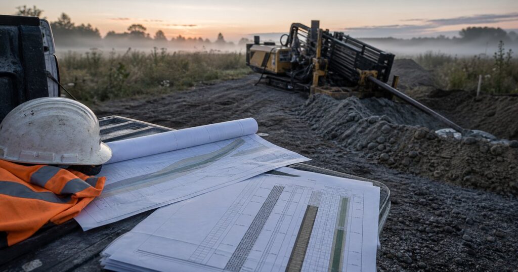 HDD crossing site at dawn with a drilling rig, drill rods and a geotechnical borehole log on a planning table in the foreground