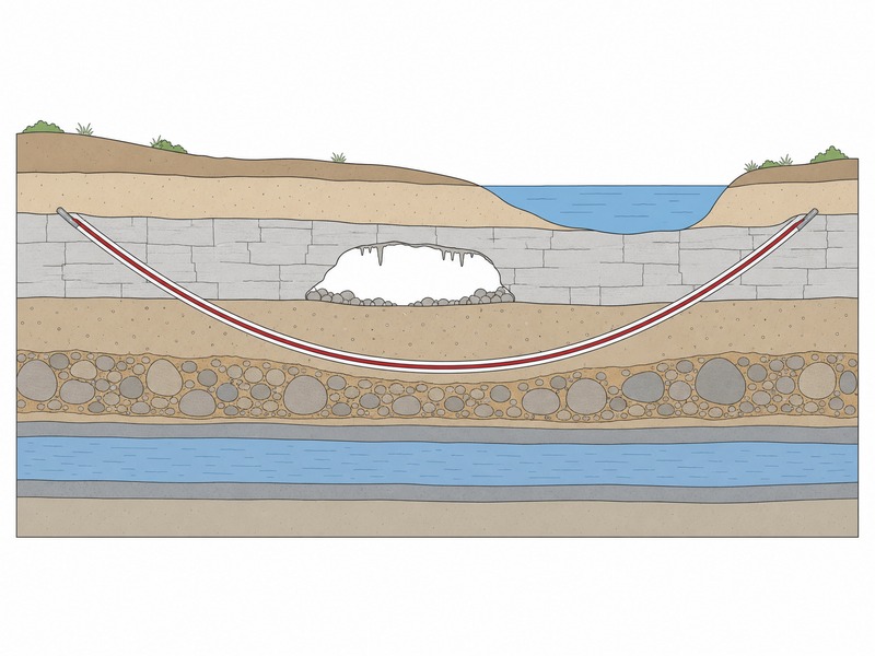 Geological cross-section along an HDD crossing showing rock head, a karst void, a cobble and boulder zone and an artesian aquifer relative to the bore path