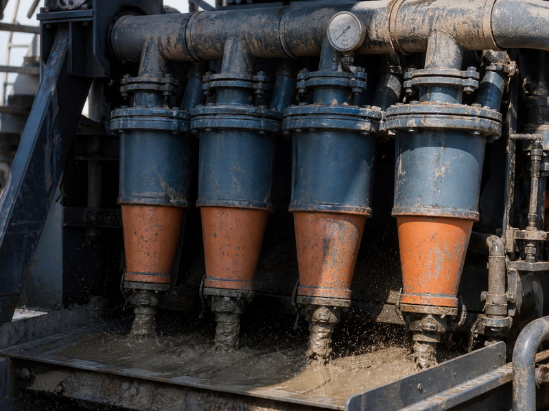 Hydrocyclone manifold on an HDD mud reclaimer showing desander and desilter cones with a feed pressure gauge and apex assemblies being inspected
