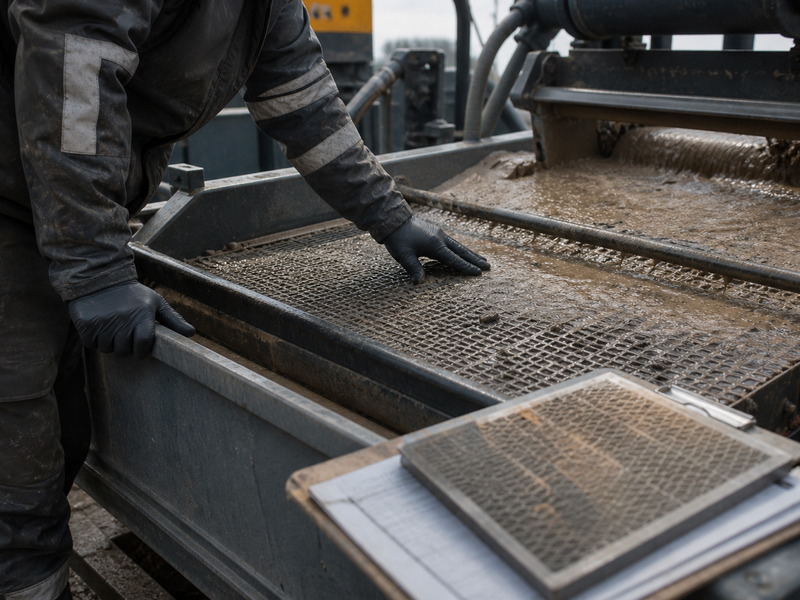 Field technician inspecting a shale shaker screen panel on an HDD mud reclaimer deck, checking a torn panel and verifying the API mesh rating against the fluid programme