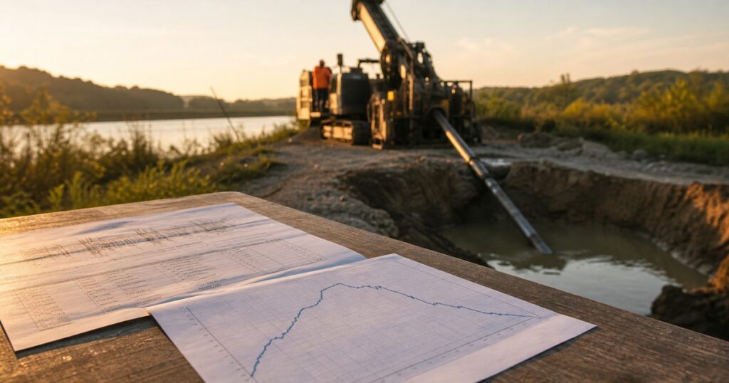 HDD pullback load calculation sheet and tension record beside a drilling rig during pipeline pullback