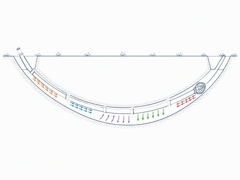 Diagram of the load components acting on a pipe during HDD pullback, including friction, fluid drag, curvature and reamer drag