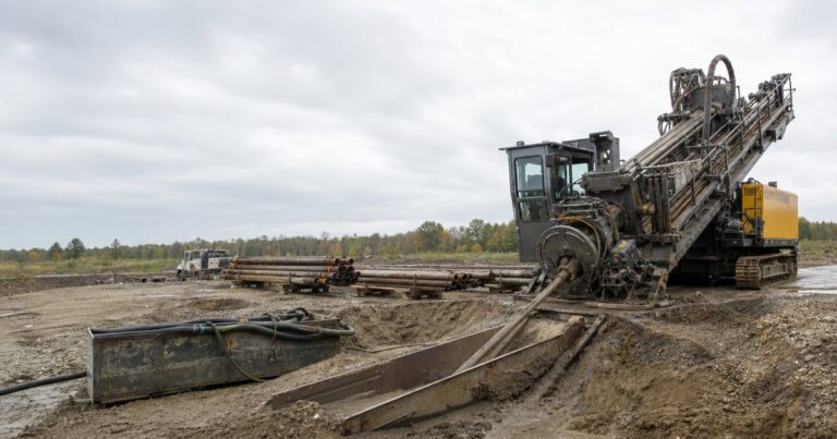 HDD rig set up at a crossing entry pit, with drill pipe entering the ground at a shallow angle beside a pipeline worksite