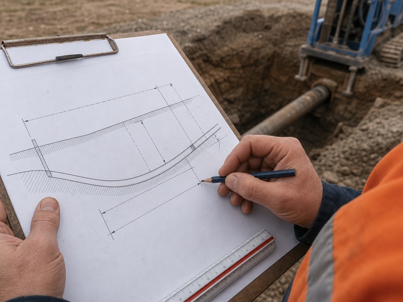 Engineer marking pipe outside diameter, bore length and depth of cover on an HDD rig selection load case drawing beside an entry pit