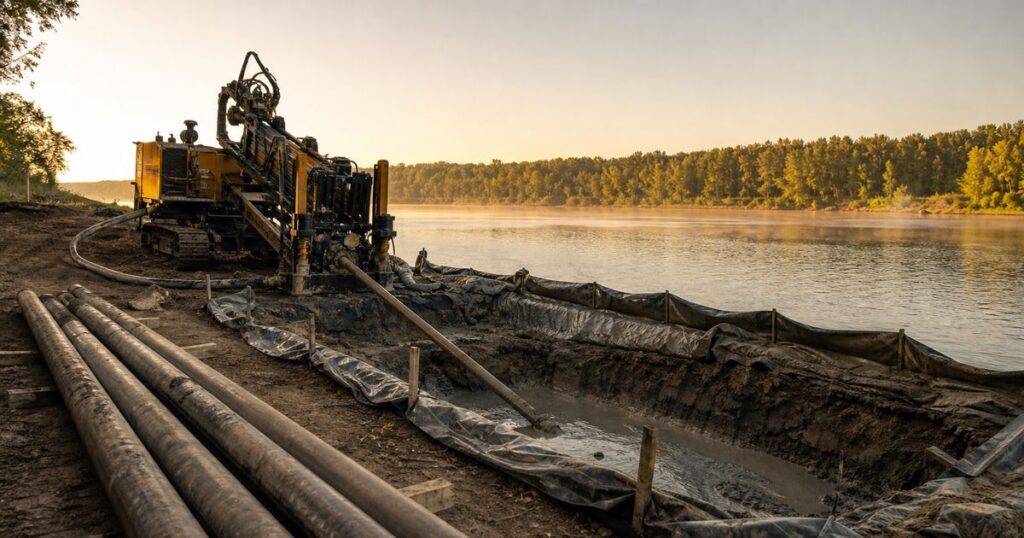 HDD river crossing site on a wide watercourse with drilling rig and entry pit on the bank during design and construction planning