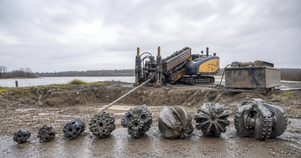 HDD reamer and cutters staged beside a trenchless drilling rig at an entry pit