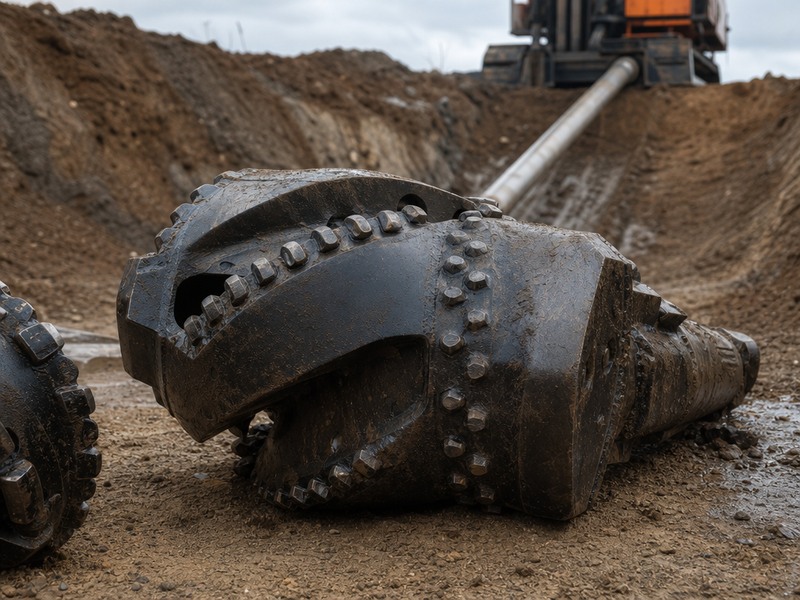 HDD tooling laid out at the entry pit: a reamer fitted with cutters for abrasive formations