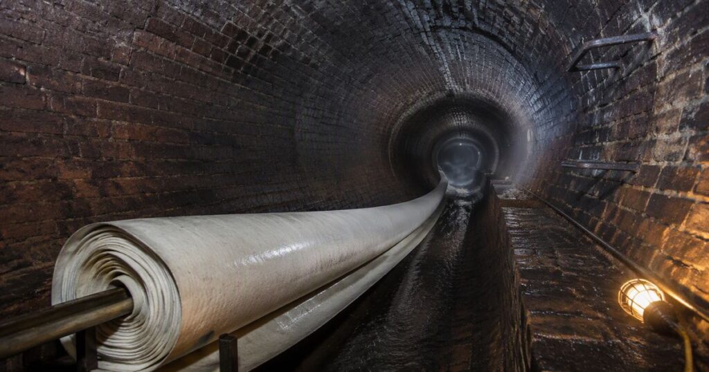 Historical CIPP cover image showing a resin-impregnated liner being installed in an old brick sewer