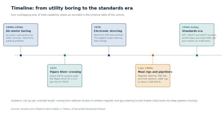 Timeline graphic of horizontal directional drilling history showing 1950s air motor boring, the 1971 Pajaro River crossing, 1978 electronic steering, 1980s maxi rigs and the modern standards era