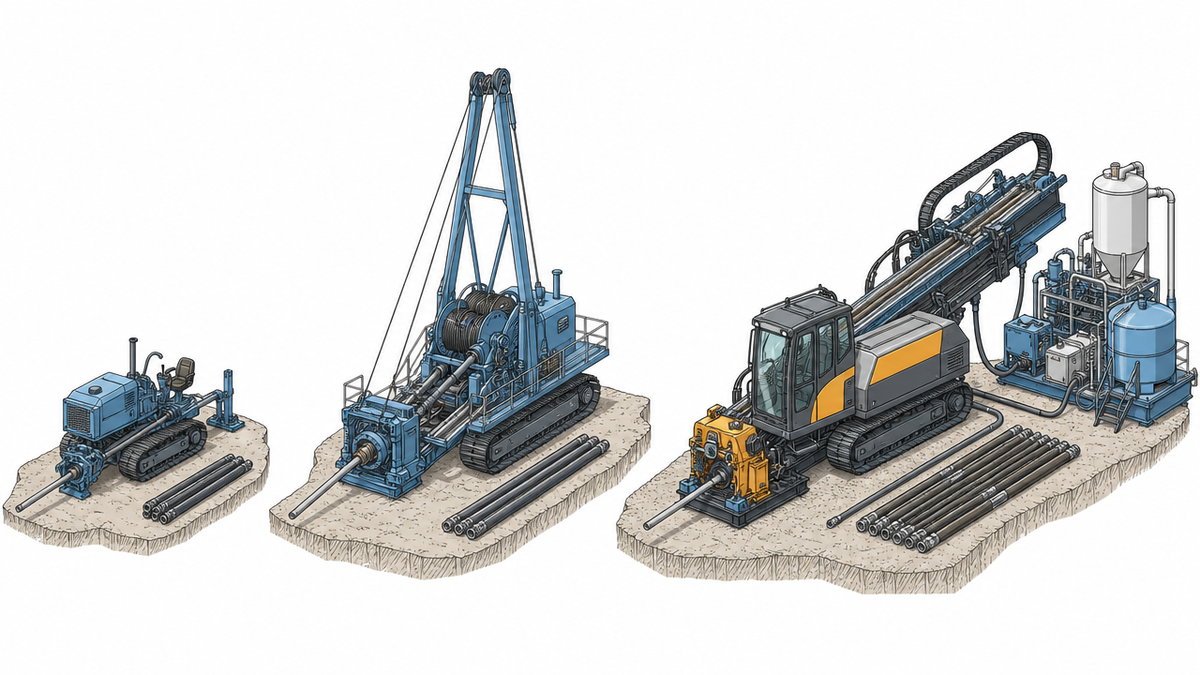 Diagram of the evolution of horizontal directional drilling rigs from a small 1960s track-mounted utility rig to a modern maxi rig with mud recycling plant