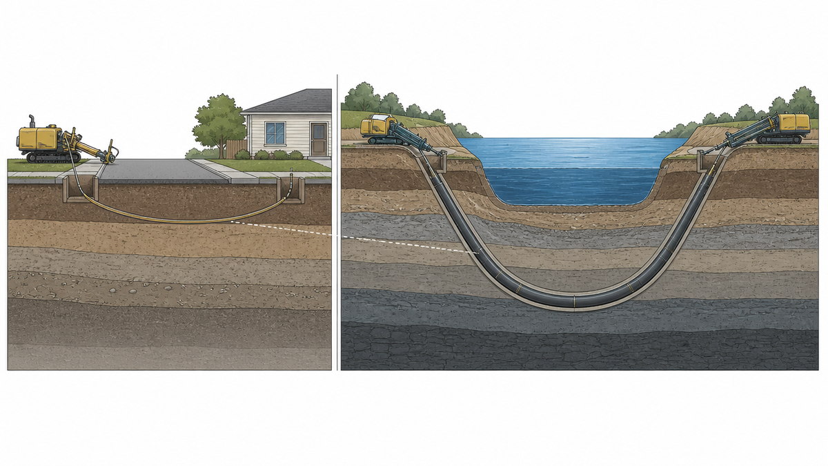 Illustration comparing a small 1970s utility directional boring rig installing a gas service with a large-diameter oil and gas pipeline crossing under a river using a maxi rig