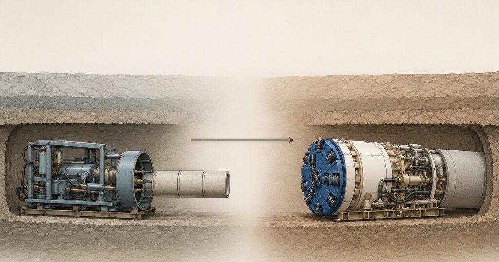 Editorial cover image for the history of microtunneling, from early-1970s Japan to modern global trenchless standards