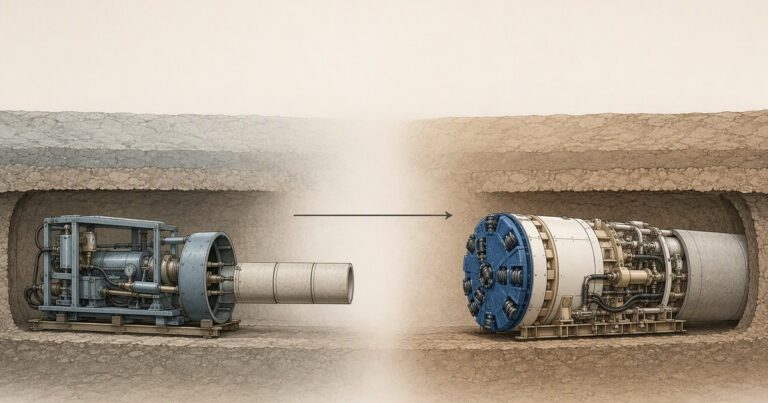 Editorial cover image for the history of microtunneling, from early-1970s Japan to modern global trenchless standards