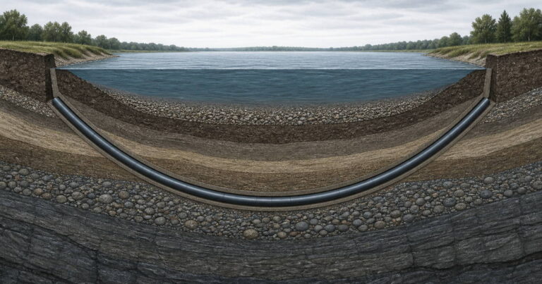 Anatomy of an HDD crossing depth profile beneath a river, showing entry angle, bore depth and depth of cover