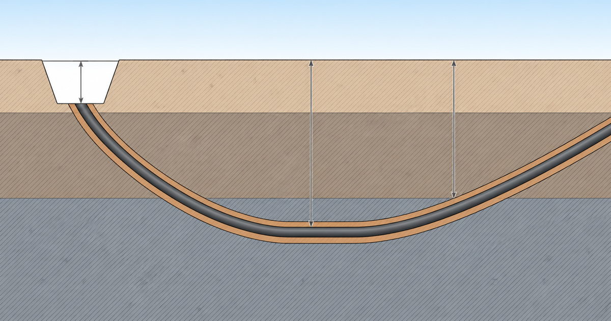 HDD depth terminology cross-section showing entry pit depth, bore depth along the alignment curve and depth of cover above the product pipe