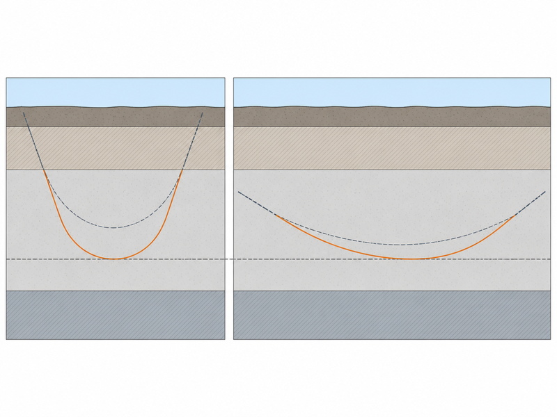 HDD bore geometry diagram showing entry angle, bend radius and how a shallower entry angle needs more length to reach the same crossing depth