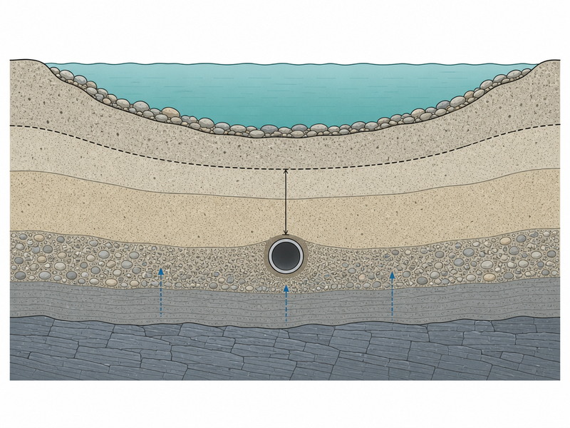 River crossing section showing the present riverbed, the design scoured bed after a flood event and the pipeline buried below the scoured bed with its required cover