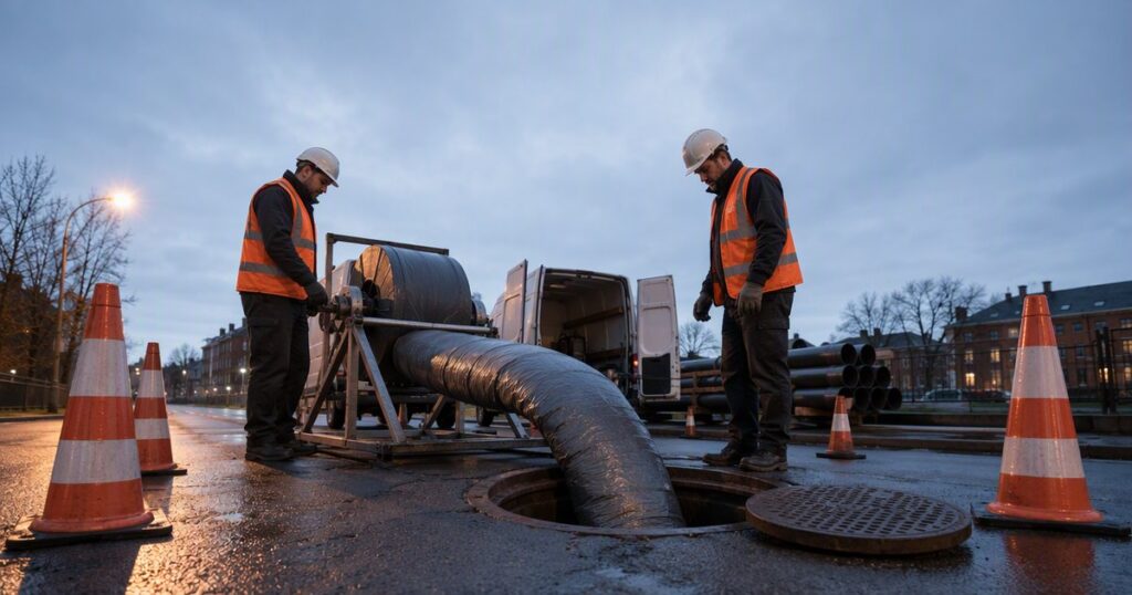 CIPP lining crew staging a resin-impregnated liner above a manhole before installation