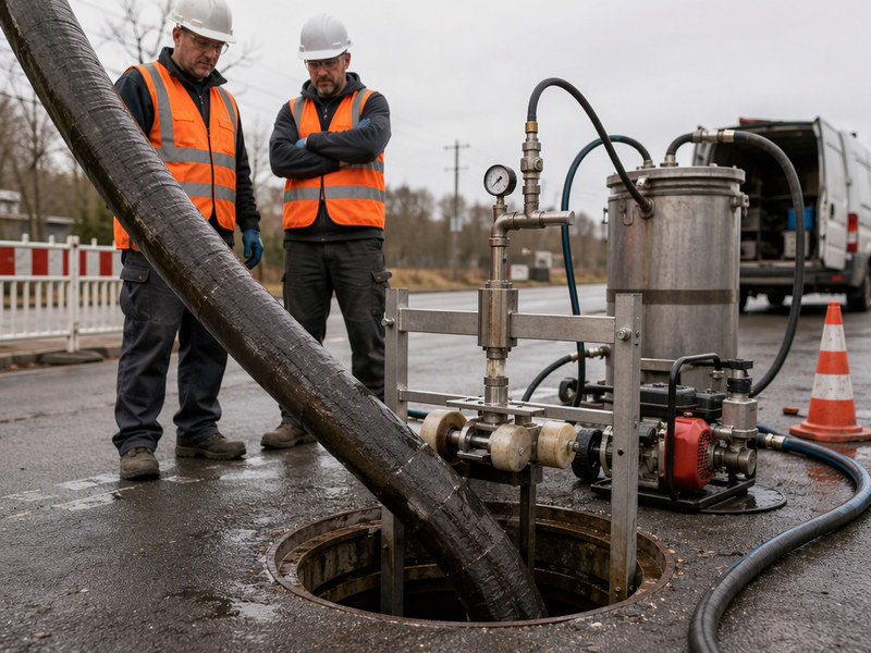 Inversion set-up at a manhole with the resin-impregnated CIPP tube, pressure source and winch arranged above the access point