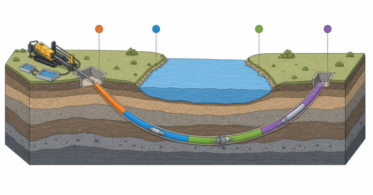 Horizontal directional drilling four stage diagram showing site set-up, a steerable pilot hole, reaming passes and pipe pullback along a curved bore