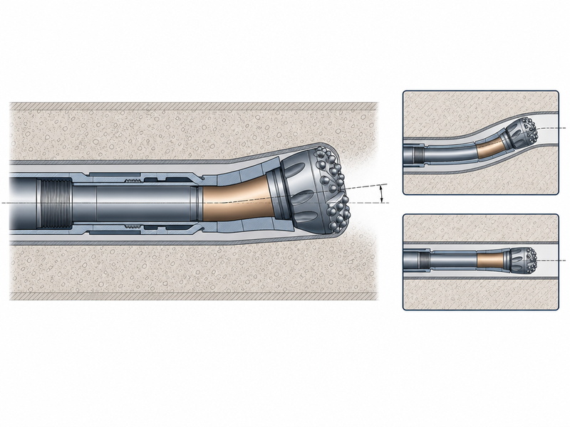 HDD pilot hole steering diagram showing a bent sub or bent motor housing offset at the drill head building curvature in a slide and advancing straight when rotating