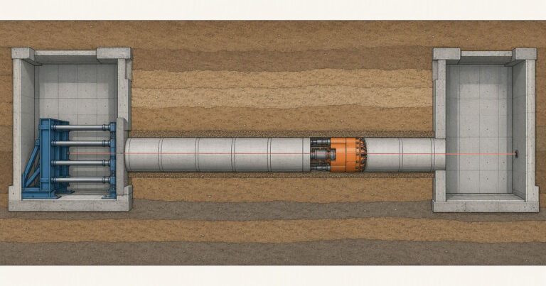 Microtunneling drive from launch shaft to reception shaft shown in a cutaway engineering illustration