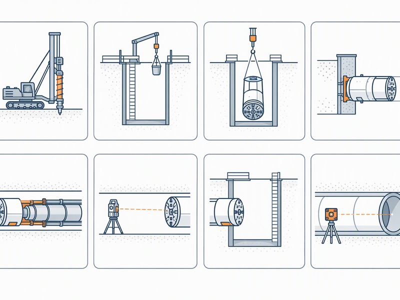 Diagram of a microtunneling drive showing the launch shaft, jacking frame, pipe string, MTBM, guidance laser and reception shaft