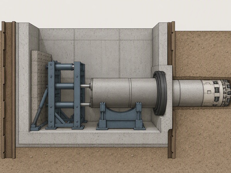Cross-section of a microtunneling launch shaft showing the jacking frame, thrust wall, pipe cradle, entry seal and the MTBM at the headwall